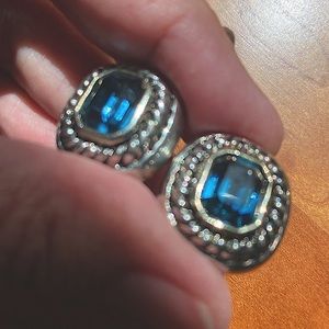 Silver tone and sapphire look pierced earrings